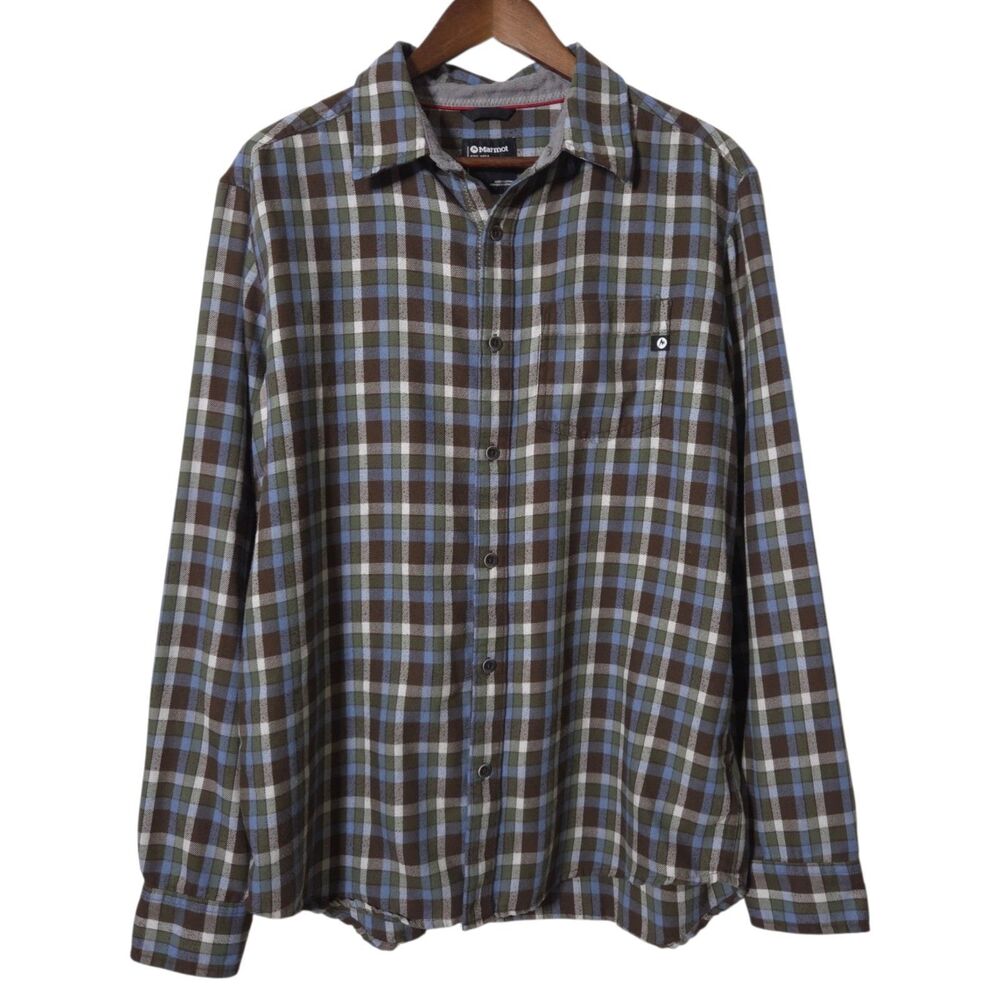 Marmot Fairfax Flannel Shirt L Mens Plaid Green Brown Long Sleeve Button Up